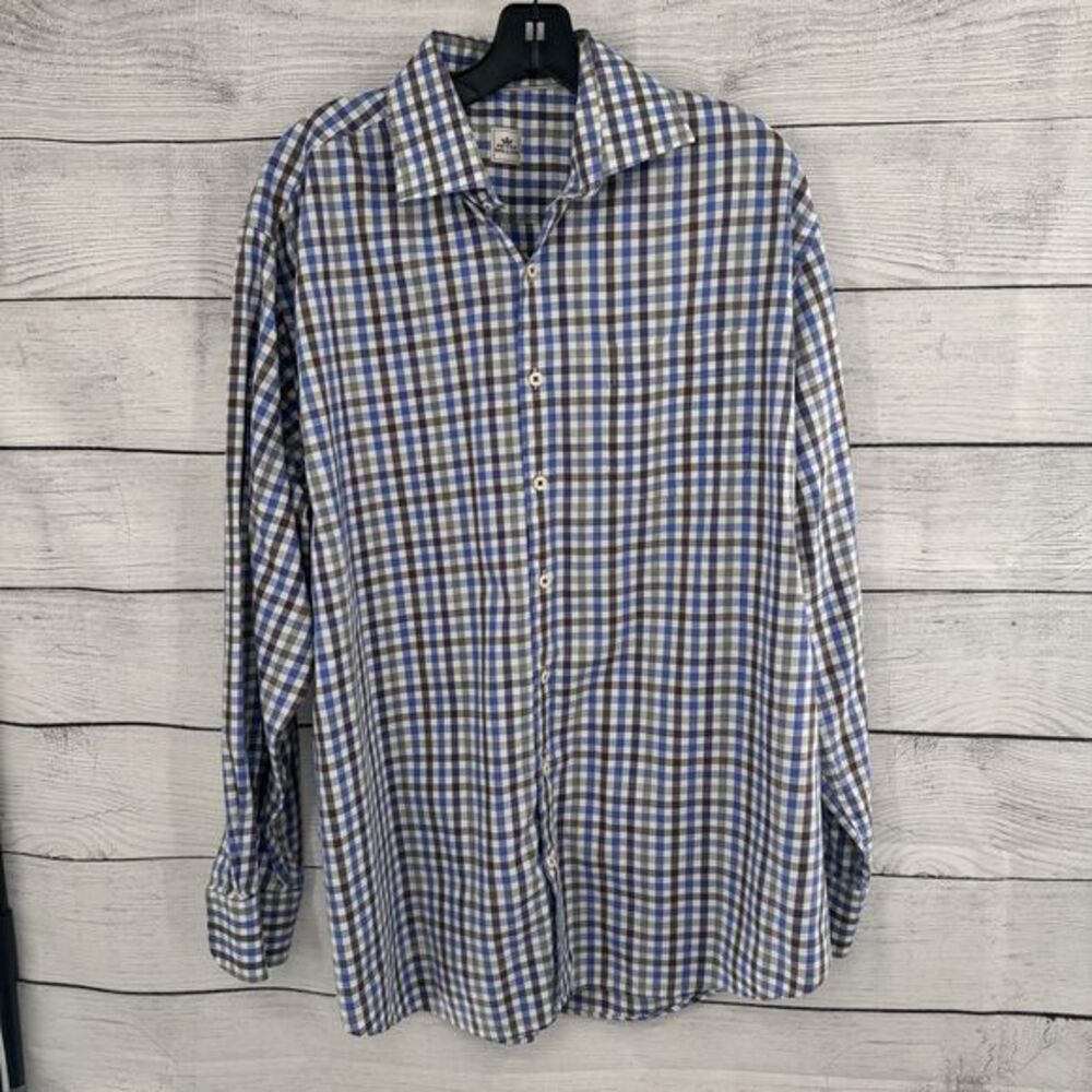 Peter Millar Men's Checkered Button-Down Shirt Casual‎ Dress Blue Brown XL
